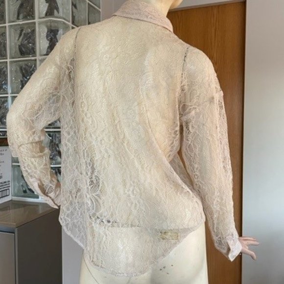 FREE PEOPLE LACE BLOUSE XSmall  Antique Ivory with Long Sleeves, Drop Shoulders - Picture 4 of 13